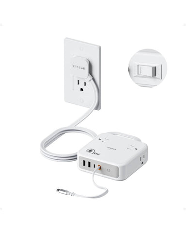 TESSAN 8-in-1 Flat Plug Surge Protector with Retractable USB-C Cable